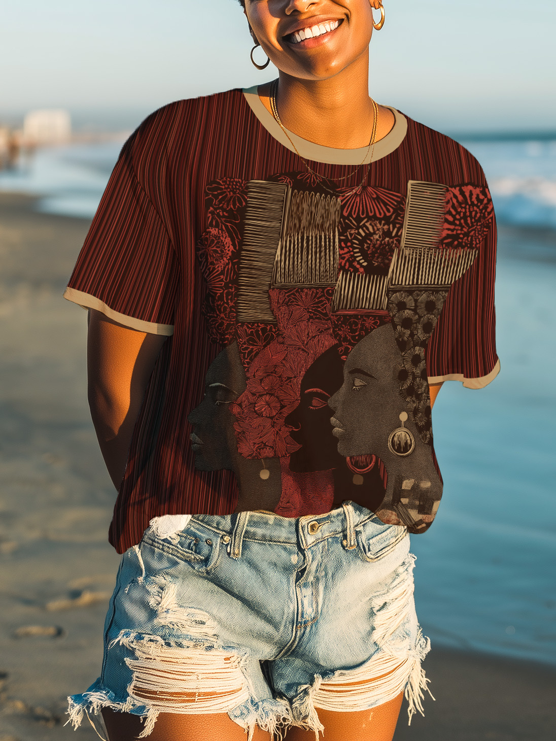 Women's Afro Comb Woman Art Print Casual T-Shirt-Styleame